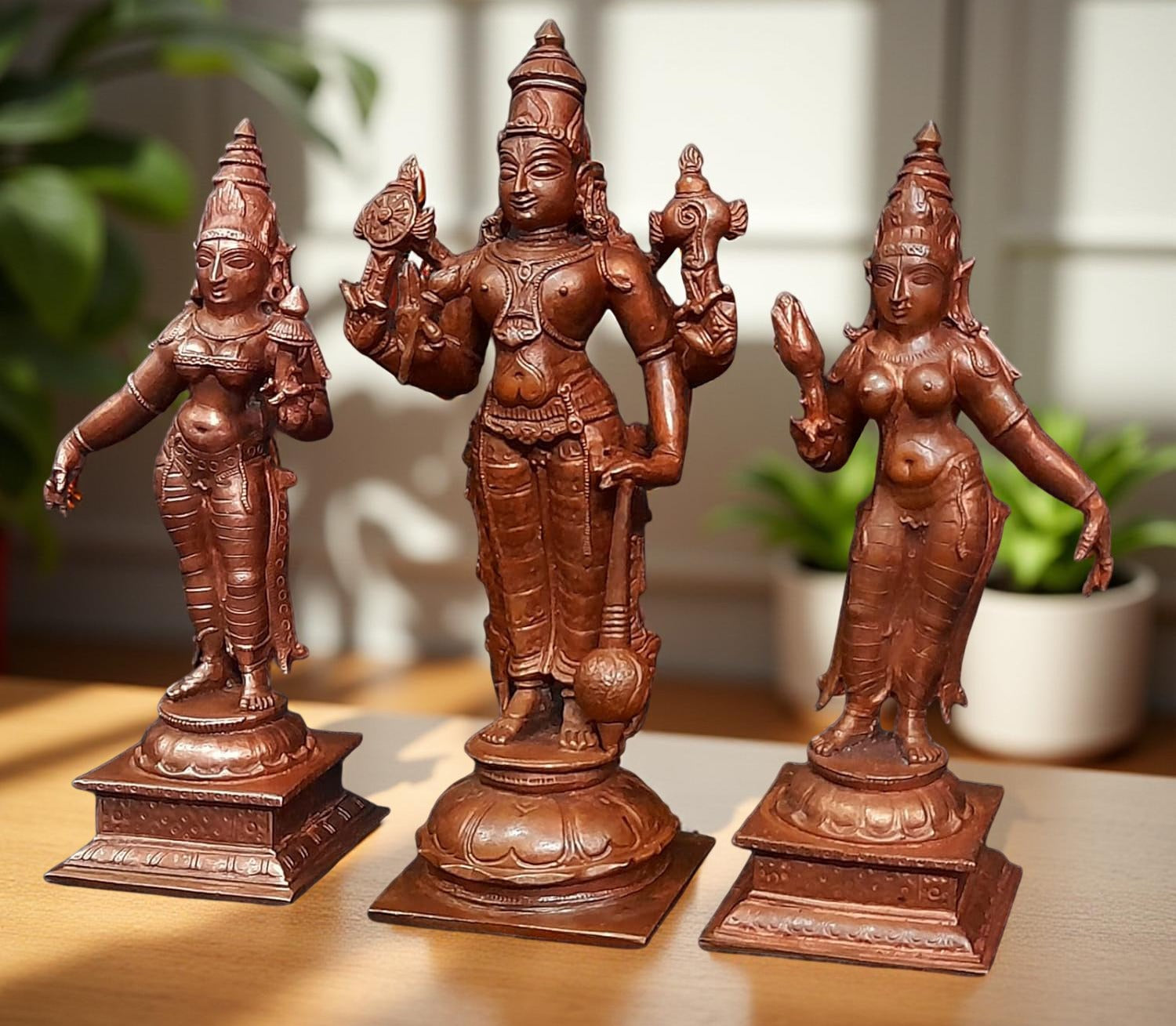 Brownish-Orange Copper Idols Of God Srinivasa Perumal With Sridevi And Bhudevi, 6 Inches, 1.4 Kg, Patina Antique Finish, Pack Of 3 Piece