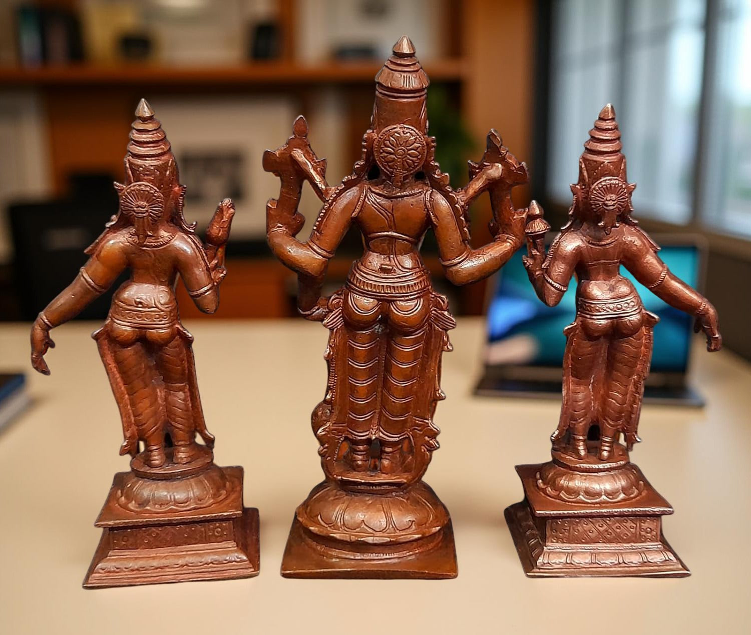 Brownish-Orange Copper Idols Of God Srinivasa Perumal With Sridevi And Bhudevi, 6 Inches, 1.4 Kg, Patina Antique Finish, Pack Of 3 Piece