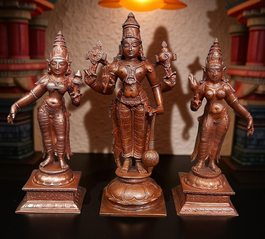 Sacred Lord Srinivasa Perumal with Sridevi & Bhudevi Solid Copper Temple Idols – 6 Inches | 1.4 Kg | Antique Patina Finish