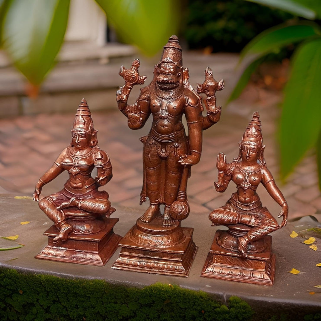 Brown Handmade Copper Narasimhar Sridevi, Bhudevi Combo Set, 6.1 Inch, 1.7 Kg, Pack Of Piece