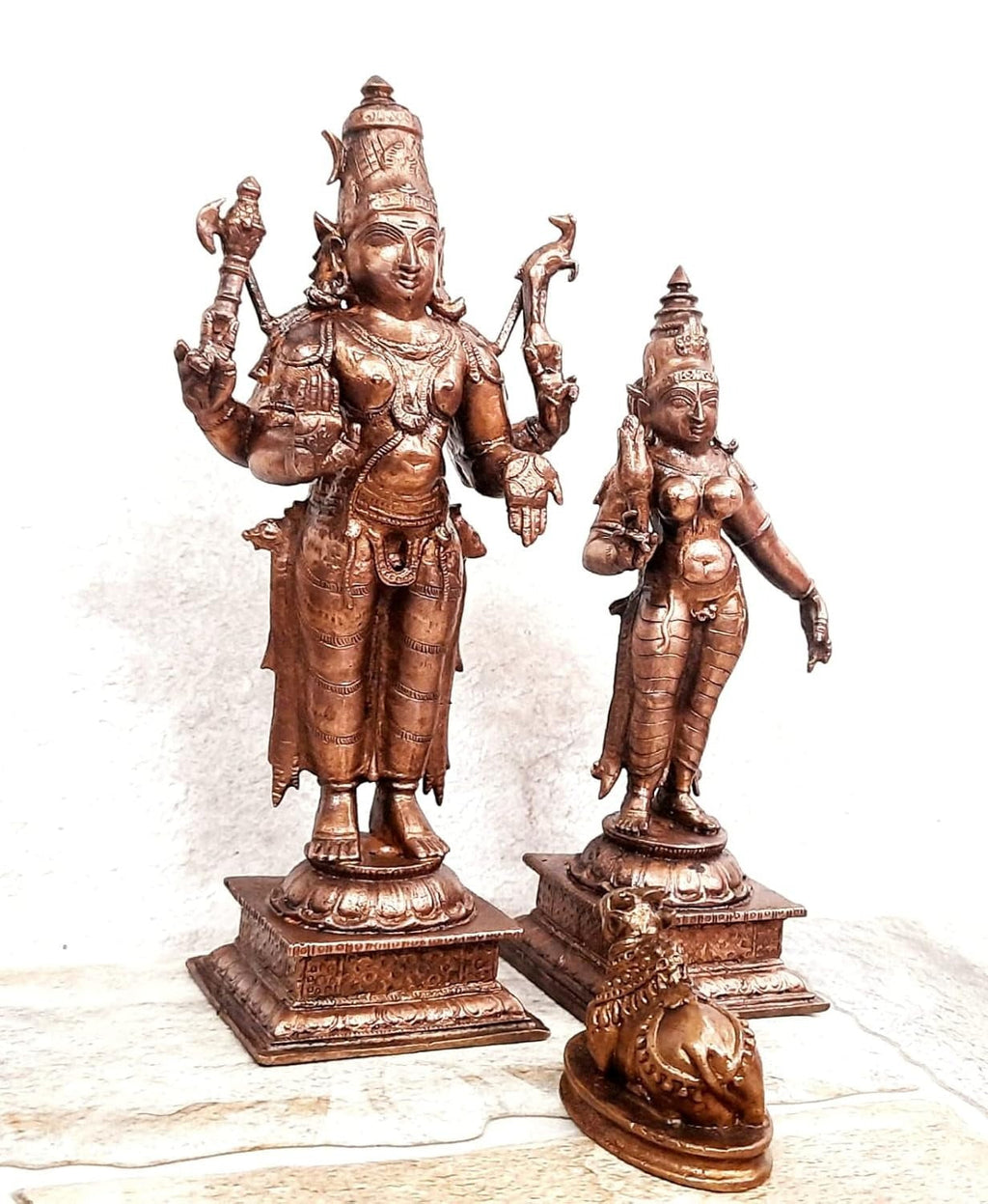 Brownish-Orange Copper Idols India, 6.3 Inches, Handmade God Shiva With Goddess Parvathi With Nandhi, 1.201 Kg, Patina Antique Finish, Pack Of 2 Piece