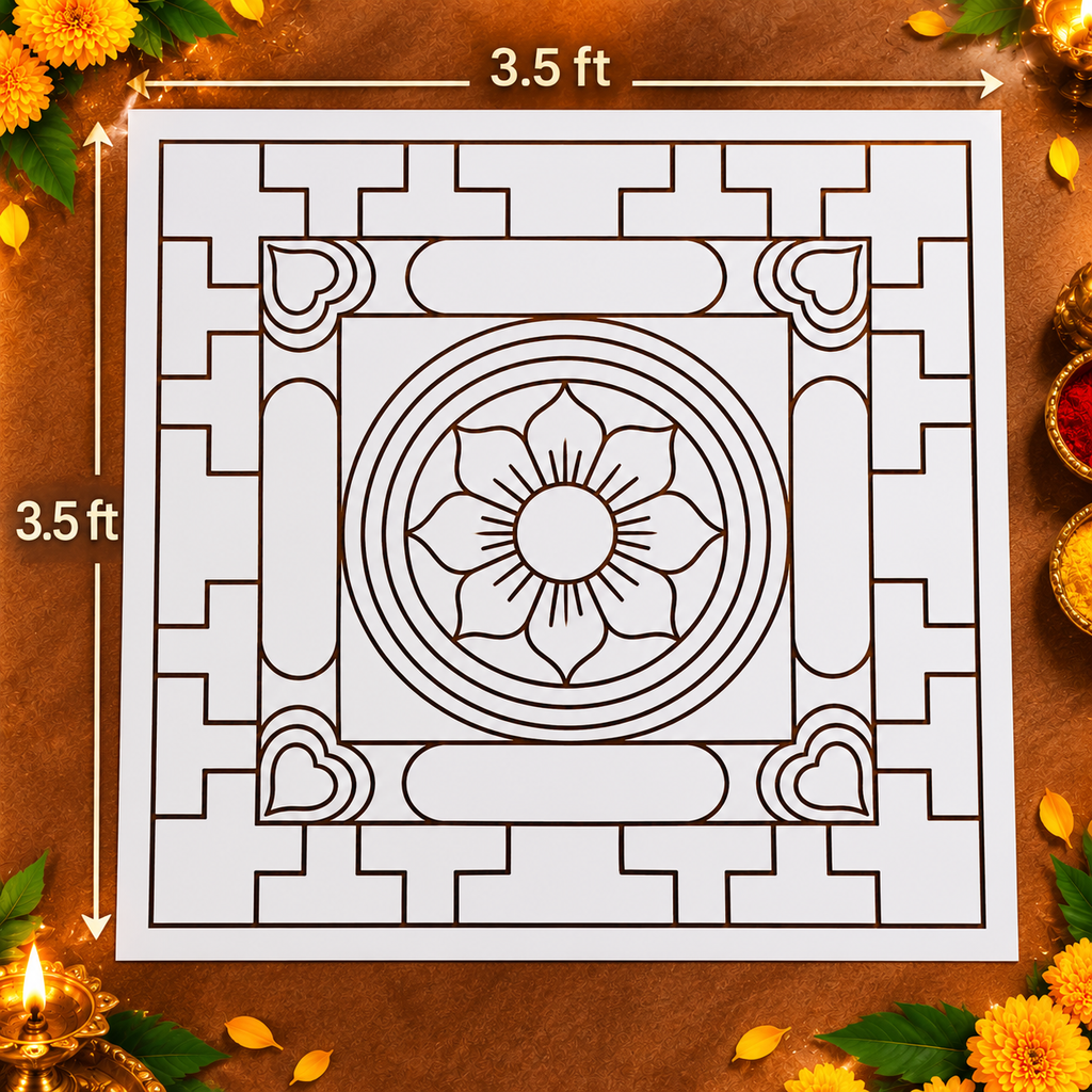 Bhadrakam Flex Stencil _3.5 Feet x3.5 feet| Traditional Floral Mandala Kolam Design | Reusable Rangoli Stencil for Pooja, Festivals & Spiritual Decor