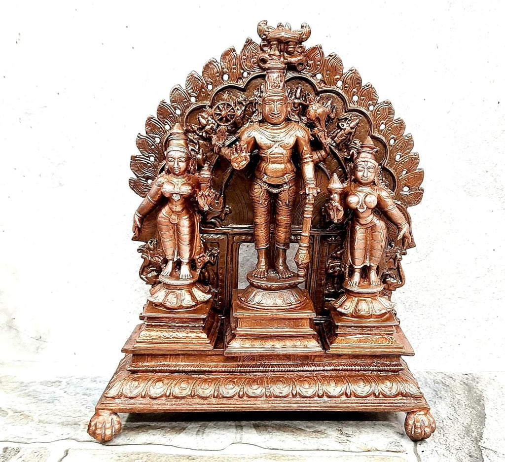 Sacred Srinivasa Perumal with Sridevi & Bhudevi Temple-Style Solid Copper Idol with Dasavathara Prabhavali – 7.2 Inch | 1.8 kg | Antique Patina Finish