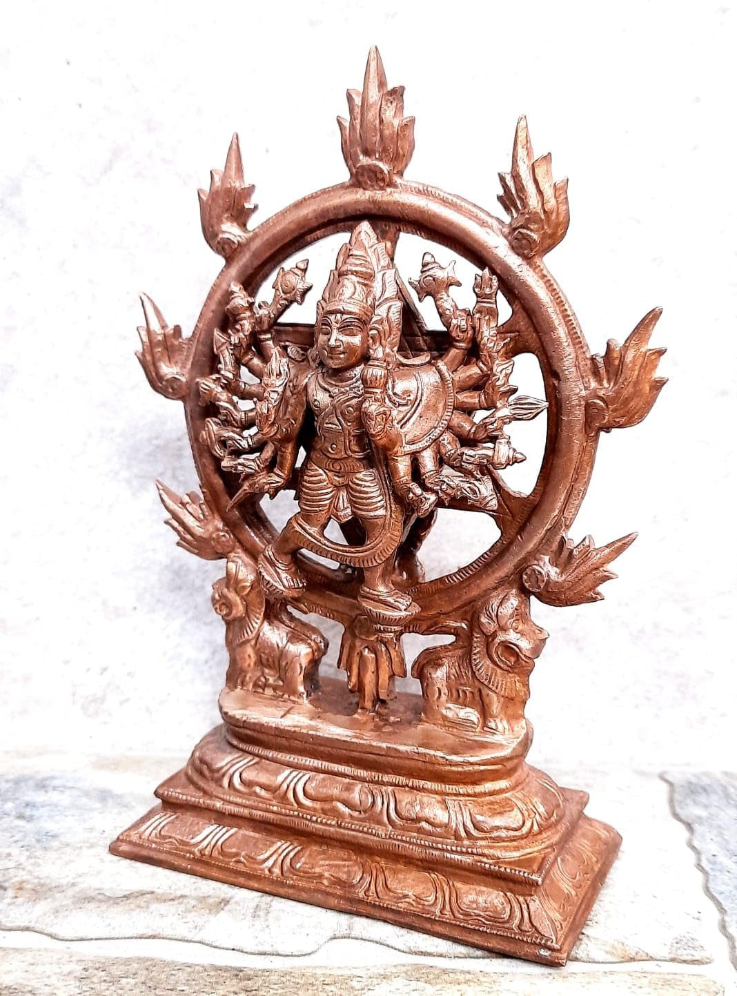 Brownish Orange Copper Idol Of God Chakrathualwar, 6.8 Inches, 1.3 Kg, Patina Antique Finish, Pack Of 1 Piece, For Home Pooja.