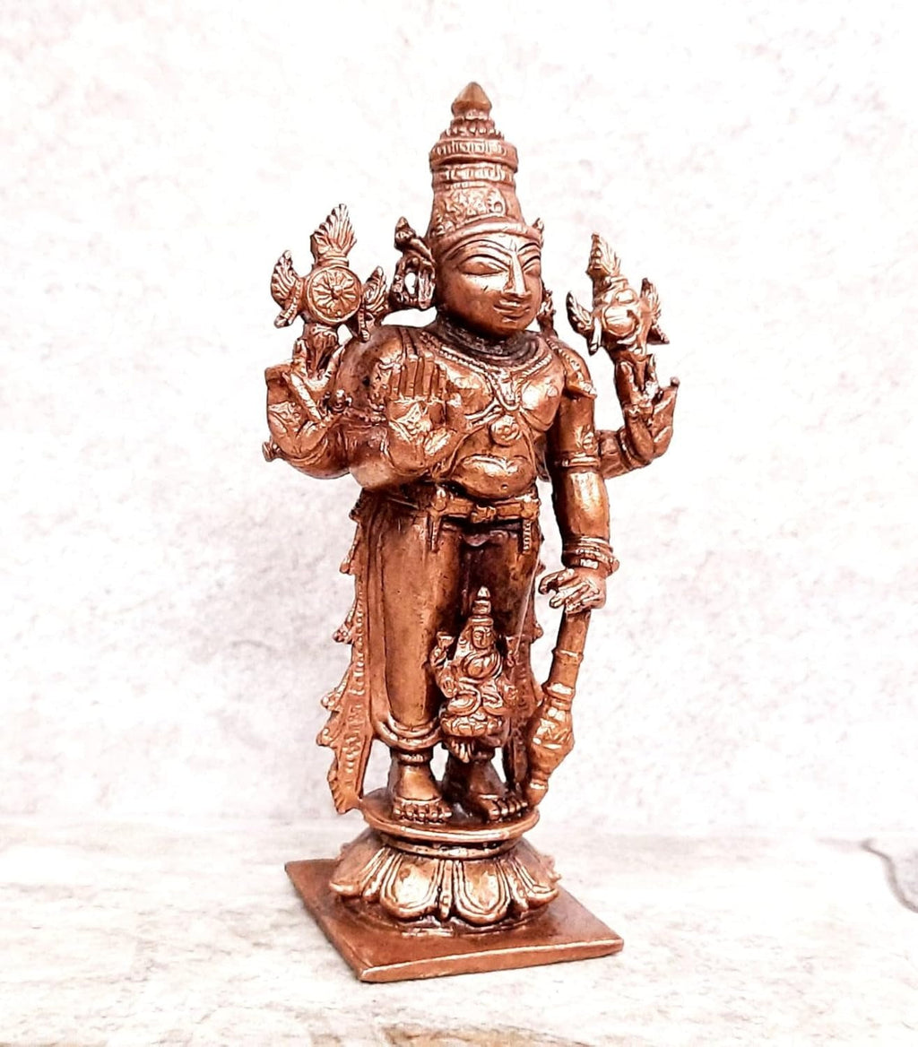 Brownish-Orange Copper Idols Of God Srinivasa Perumal With Lakshmi, 10Cm, 250 G, Patina Antique Finish, Pack Of 1 Piece