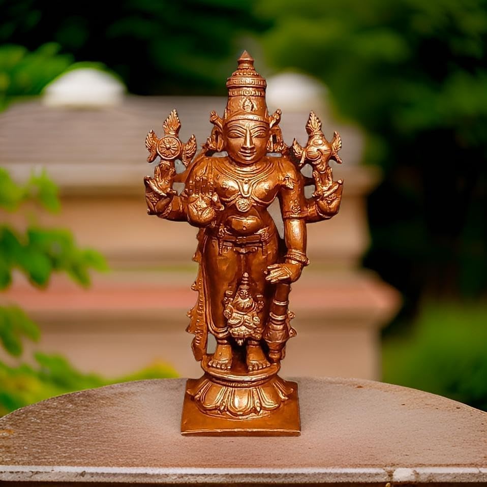 Brownish-Orange Copper Idols Of God Srinivasa Perumal With Lakshmi, 10Cm, 250 G, Patina Antique Finish, Pack Of 1 Piece