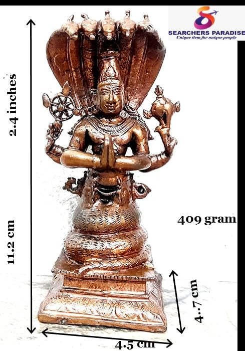 Brown Copper Idols Of God Maha Vishnu Standing In Adisesha, 4.4 Inches, 410G, Handmade, Pack Of 1Piece