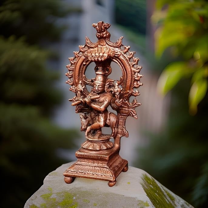sacred Orange Copper Venugopalaswamy Idol, 3 Inches, 90 Grams, Handmade, Antique Patina Finish, Pack of 2 Pieces