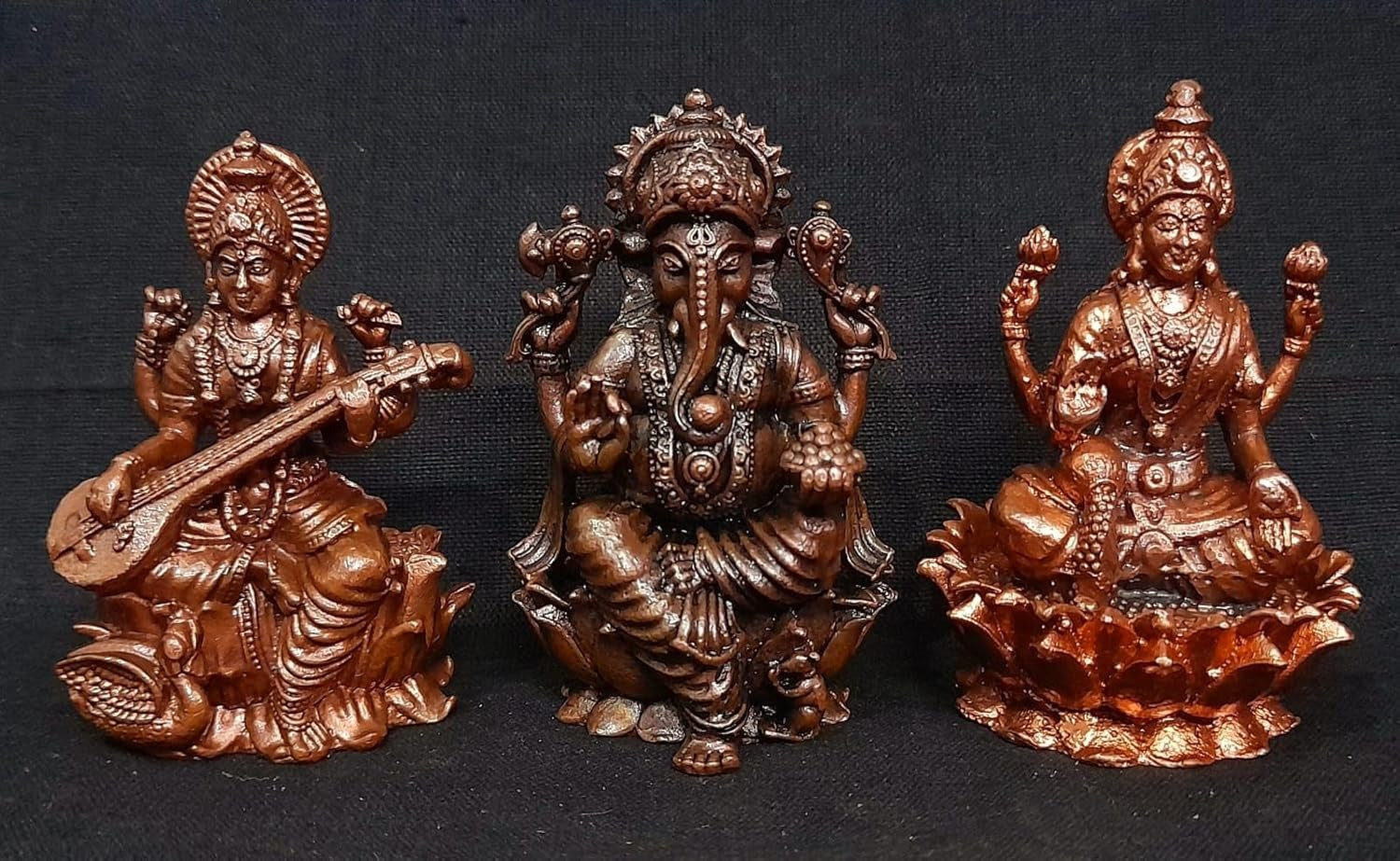 Brown Copper Idols Of Ganesh, Lakshmi And Saraswathi Combo, 2.8 Inch 615 Gram, Pack Of 3 Piece