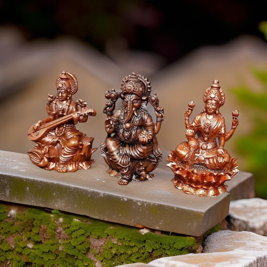 Brown Copper Idols Of Ganesh, Lakshmi And Saraswathi Combo, 2.8 Inch 615 Gram, Pack Of 3 Piece