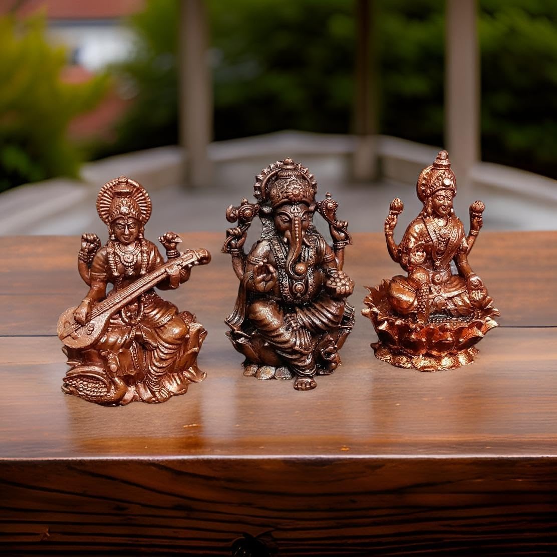 Brown Copper Idols Of Ganesh, Lakshmi And Saraswathi Combo, 2.8 Inch 615 Gram, Pack Of 3 Piece