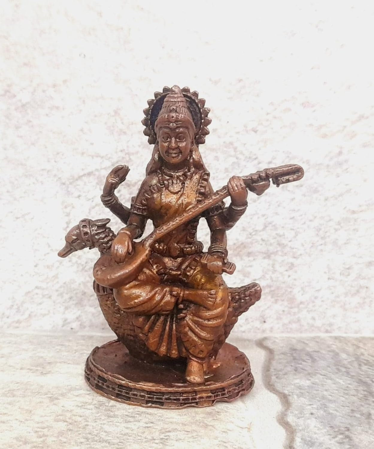 Brownish-Orange Copper Idols India, 2 Inches, Handmade Goddess Saraswathi Idol 87 Gram, Patina Antique Finish, Pack Of 1 Piece