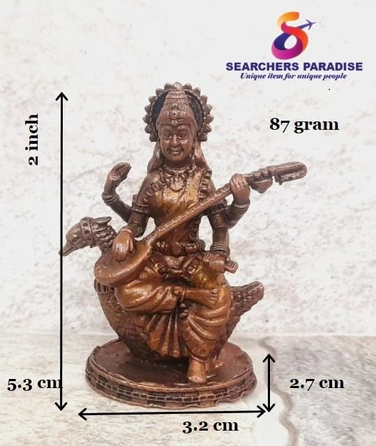 Brownish-Orange Copper Idols India, 2 Inches, Handmade Goddess Saraswathi Idol 87 Gram, Patina Antique Finish, Pack Of 1 Piece