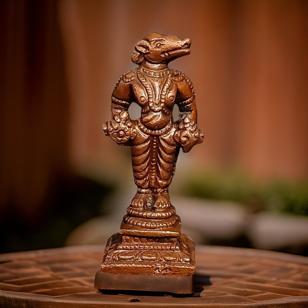 Sacred Bhoo Varaha Copper Idol – 2.4 Inches Handmade Vishnu Varaha Avatar Statue | Antique Patina Finish | Pooja Room Hindu God Murti | 80 Grams | Pack of 1
