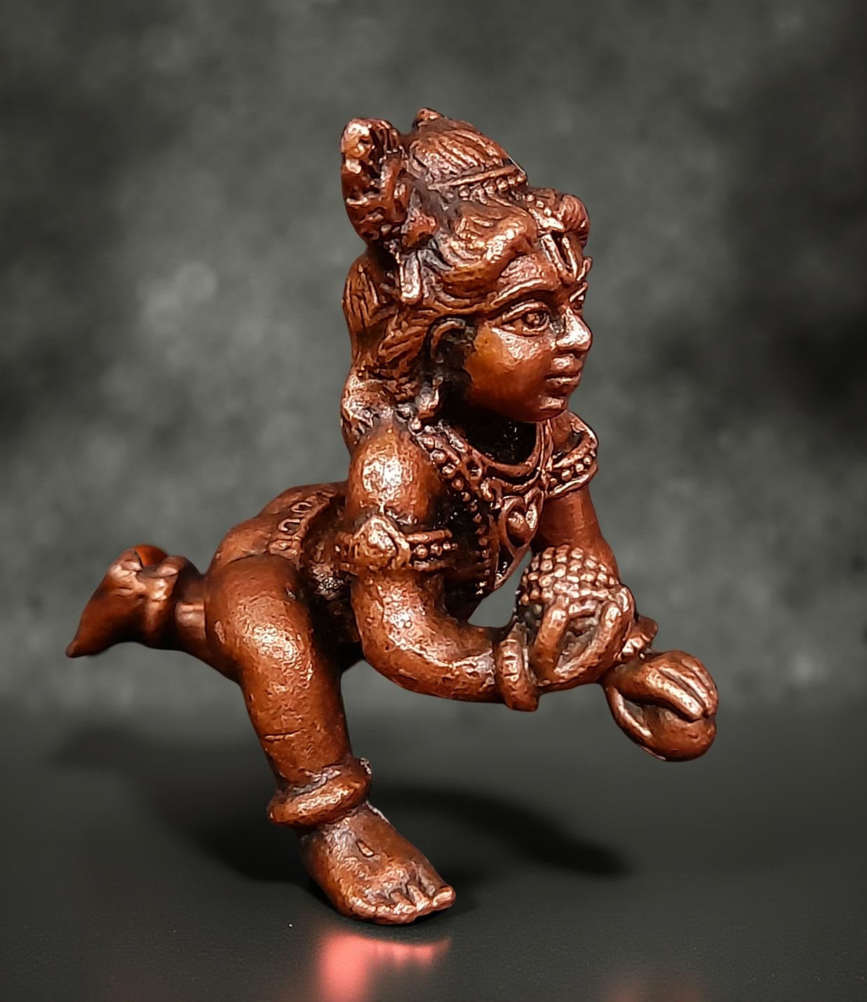 Brownish-Orange Copper Idols India, 1.3 Inches, Handmade Little Krishna With Laddu, 49G, Patina Antique Finish, Pack Of 1 Piece