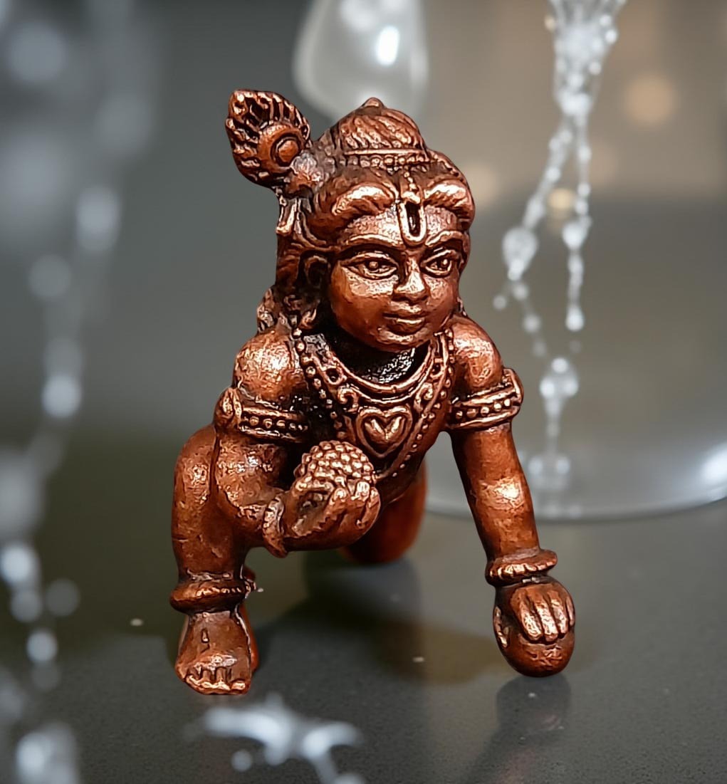 Brownish-Orange Copper Idols India, 1.3 Inches, Handmade Little Krishna With Laddu, 49G, Patina Antique Finish, Pack Of 1 Piece