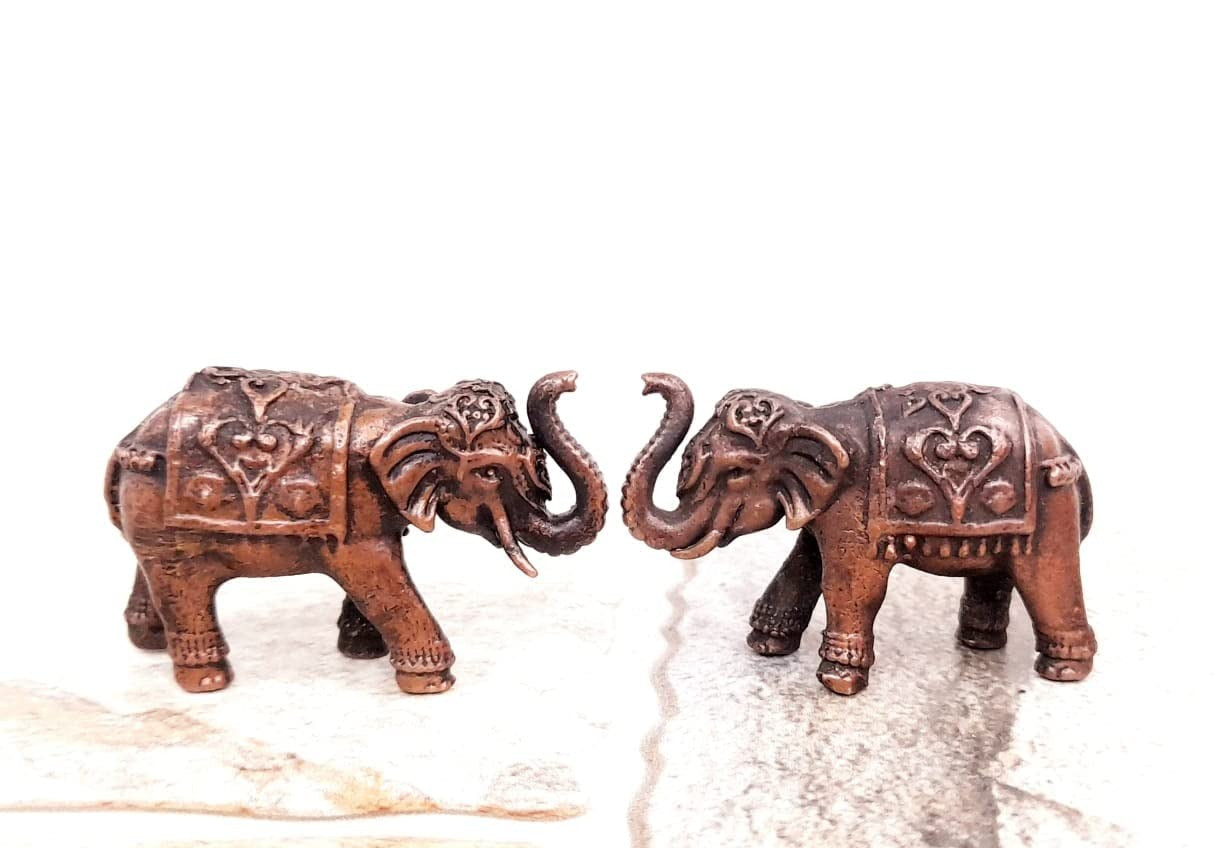 Brownish-Orange Copper Idols India, 1.1 Inches, Handmade Paired Elephant Idol 125 Gram, Patina Antique Finish, Pack Of 2 Piece