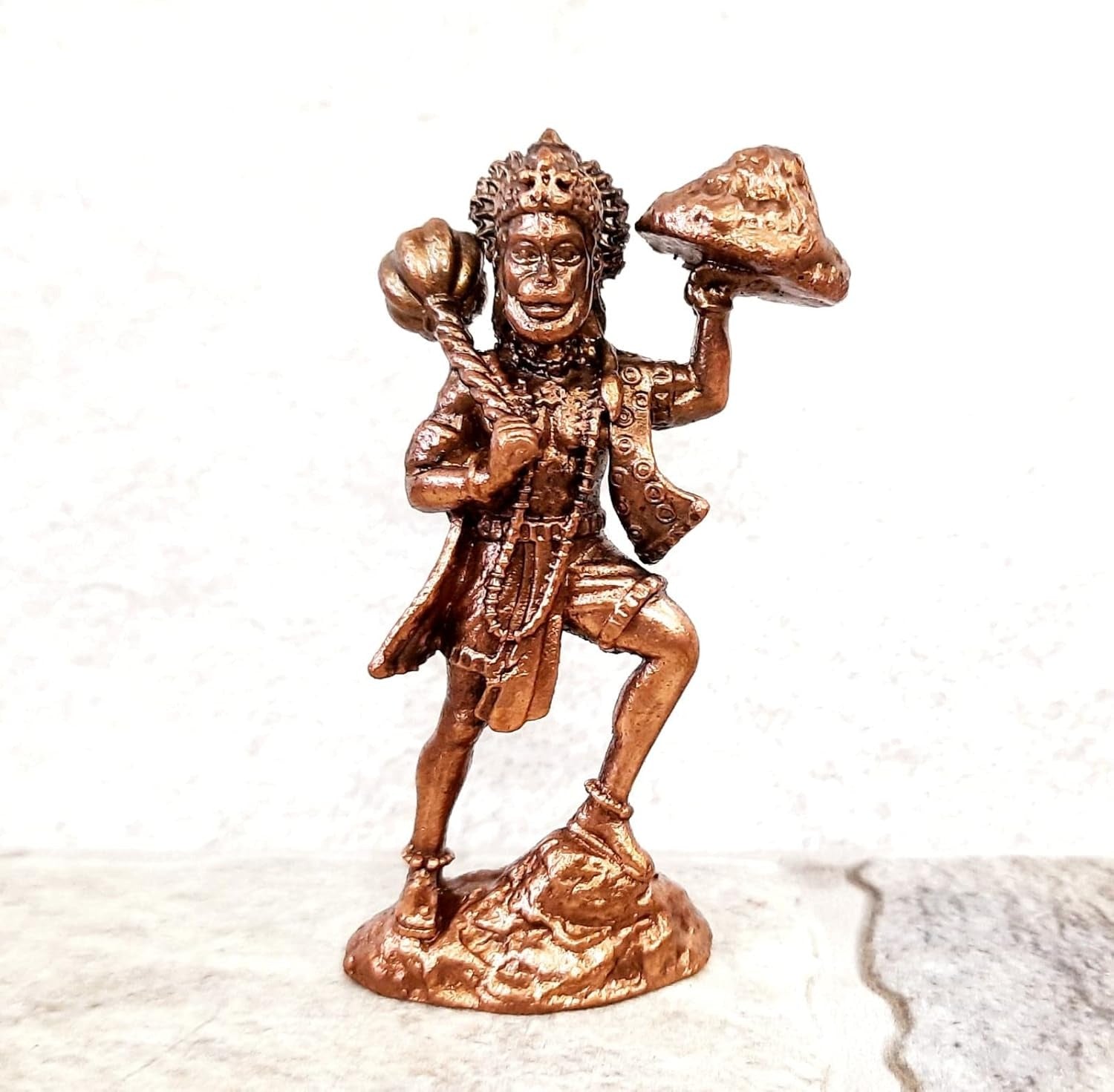Brownish-Orange Copper Idols India, 2.7 Inches, Handmade Hanuman With Sanjeev Mountain, 100G, Patina Antique Finish, Pack Of 1 Piece
