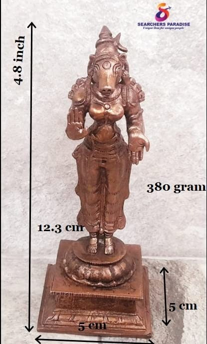Brownish-Orange Copper Idols India, 4.8 Inches, Handmade Standing Goddess Varahi, 380 Gram, Patina Antique Finish, Pack Of 1 Piece