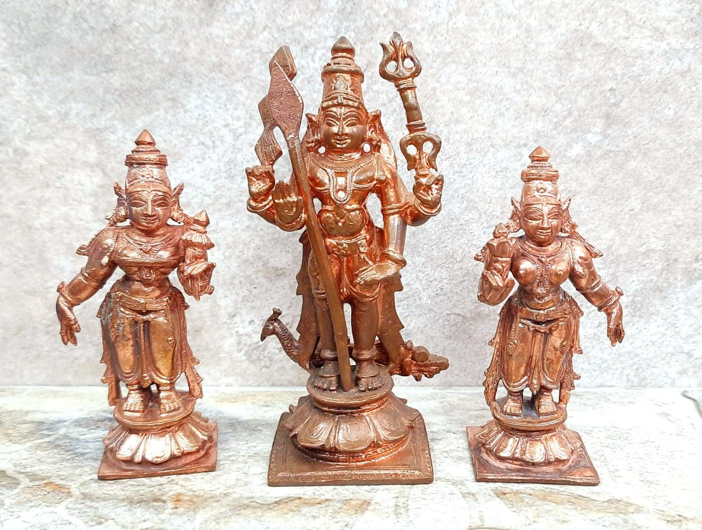 Brownish-Orange Copper Idols Of God Murugar With Valli And Deivanani By Unikraf , 4.5 Inches, 620, Patina Antique Finish, Pack Of 3 Piece