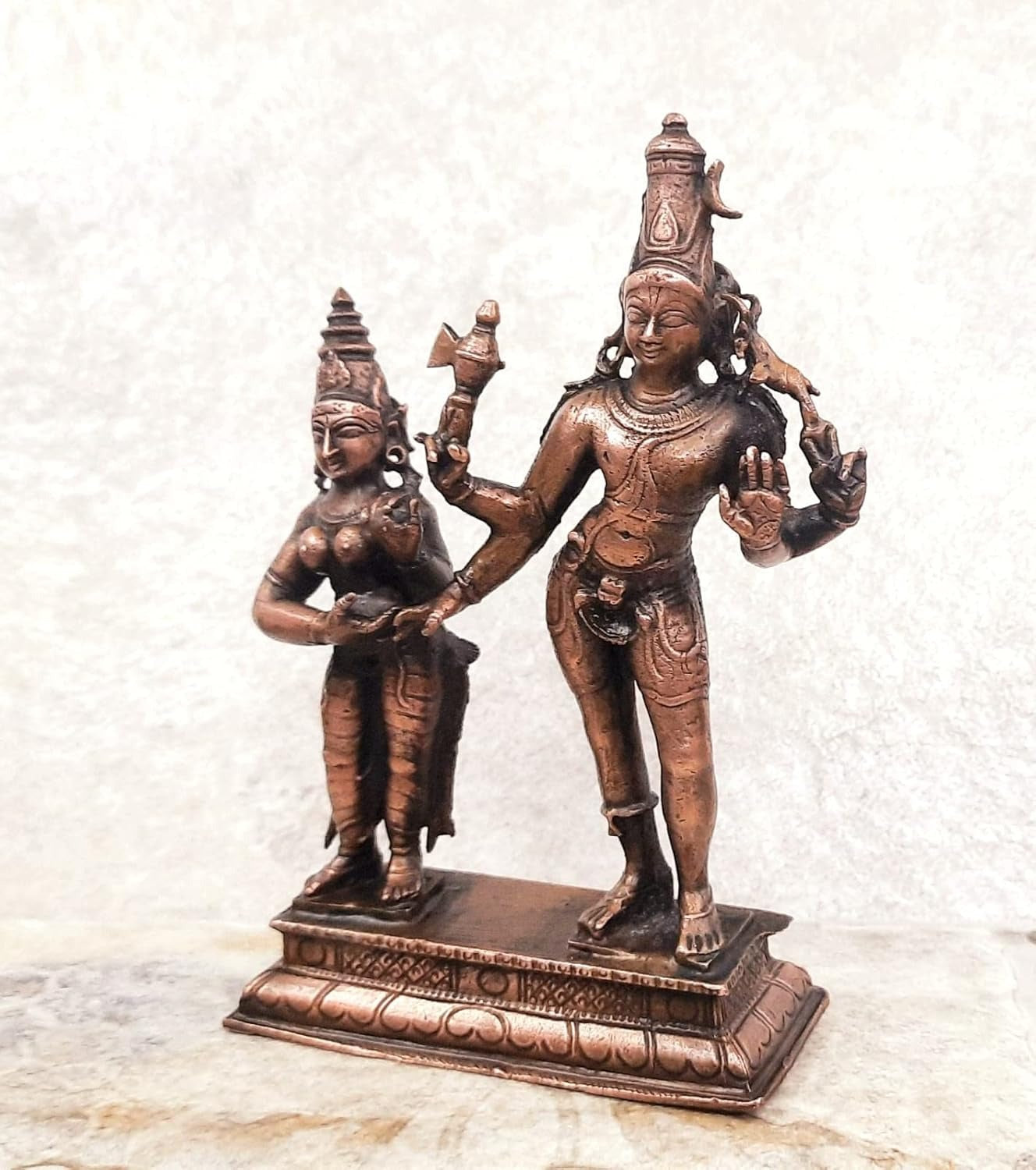 Sacred Copper Shiva and Parvati Idol – 15 cm, 562 Grams, Handmade Antique Patina Finish, Pack of 1 Piece