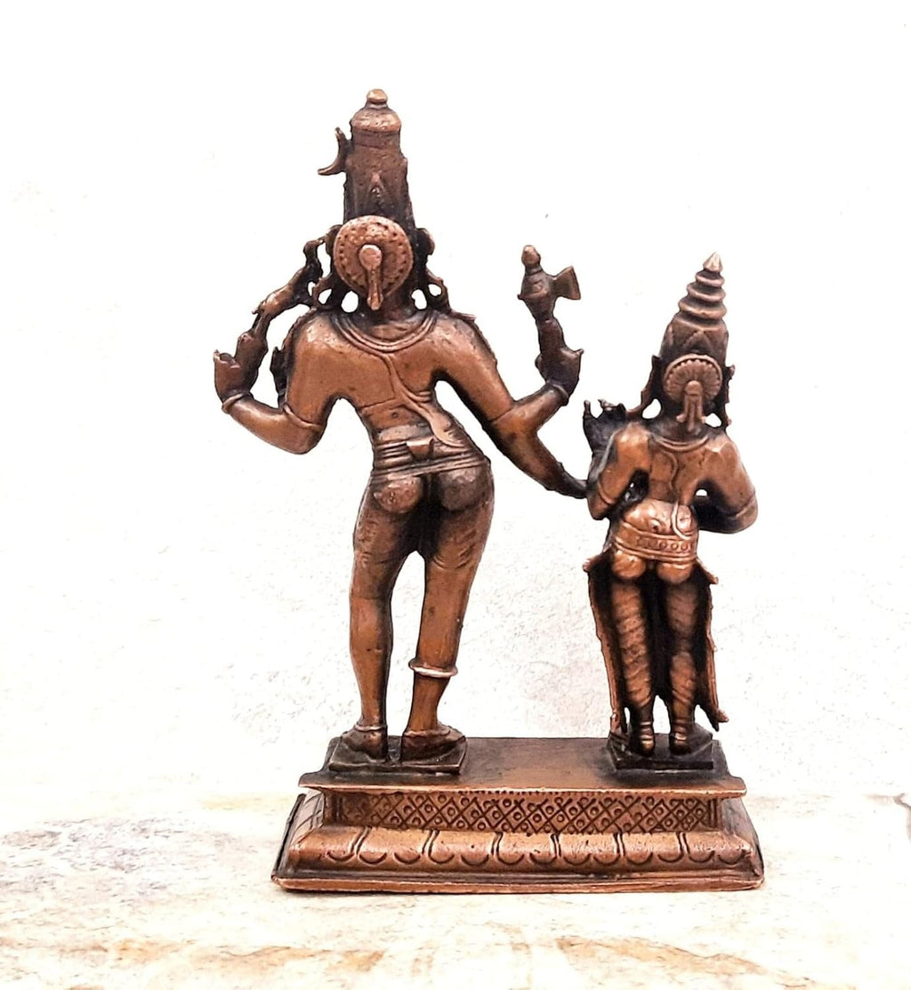 Sacred Copper Shiva and Parvati Idol – 15 cm, 562 Grams, Handmade Antique Patina Finish, Pack of 1 Piece