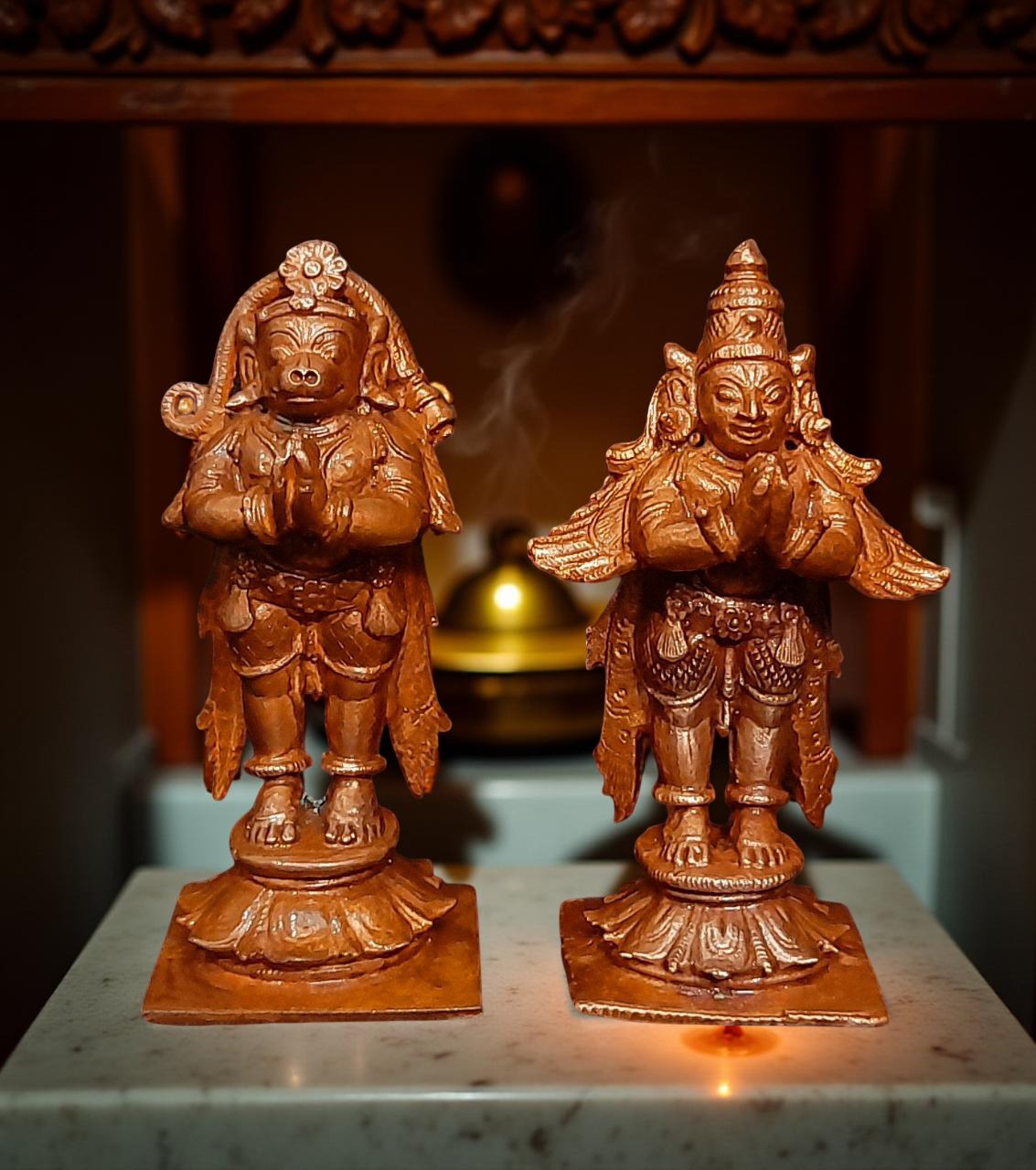 Brownish-Orange Copper Idols, 8 Cm, Handmade Standing Garudar And Hanuman 360 Gram, Patina Antique Finish, Pack Of 1 Piece