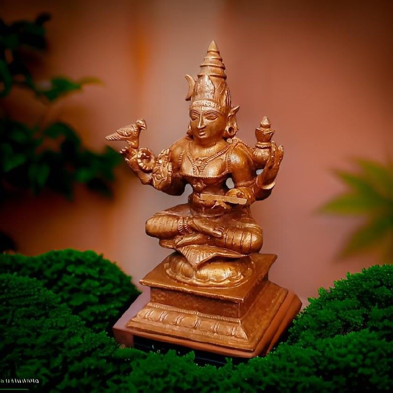 Brownish-Orange Copper Idols India, 4 Inches, Hanmade Goddess Sardhambal 417 Gram, Patina Antique Finish, Pack Of 1 Piece