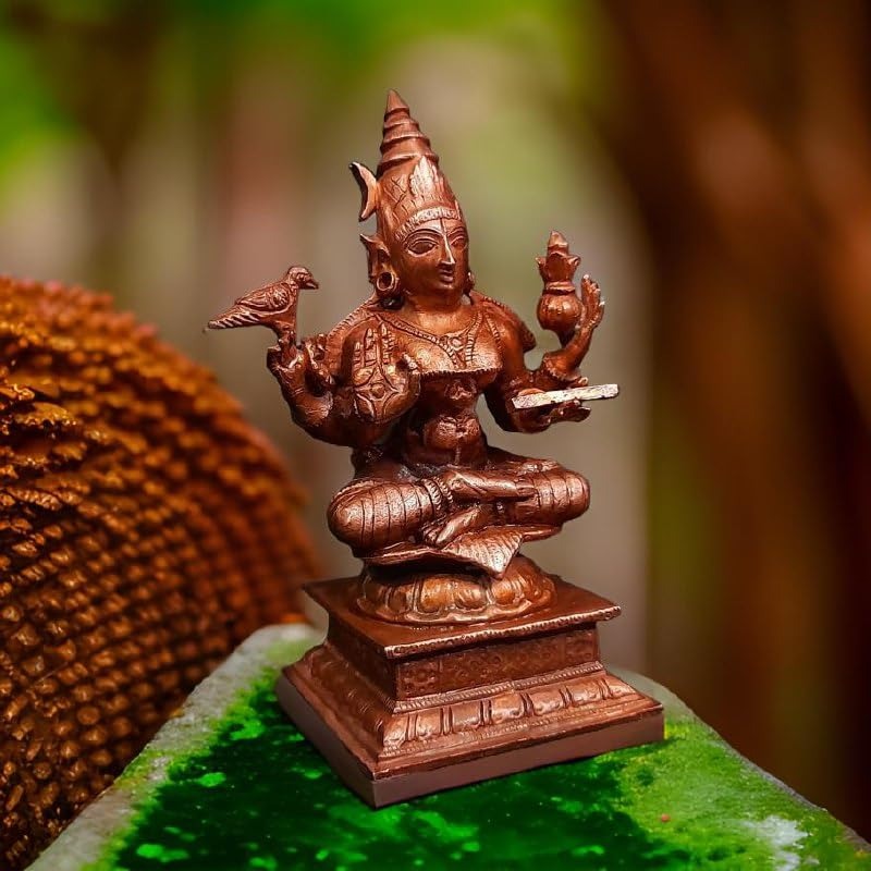 Brownish-Orange Copper Idols India, 4 Inches, Hanmade Goddess Sardhambal 417 Gram, Patina Antique Finish, Pack Of 1 Piece