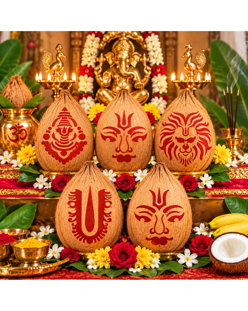 Combo 4 | Divine Pooja Coconut Decoration Stencil Set | Reusable Velvet Stencils for Coconut & Kalasam Decoration | Traditional Hindu God & Symbol Designs | Pack of 5