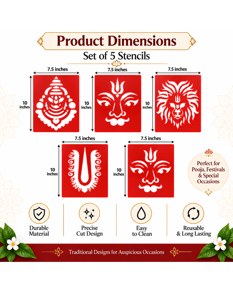 Combo 4 | Divine Pooja Coconut Decoration Stencil Set | Reusable Velvet Stencils for Coconut & Kalasam Decoration | Traditional Hindu God & Symbol Designs | Pack of 5