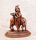 Brownish-Orange Copper Idols India, 2.4 Inches, Handmade Krishna With Cow Idol, 107G, Patina Antique Finish, Pack Of 1 Piece