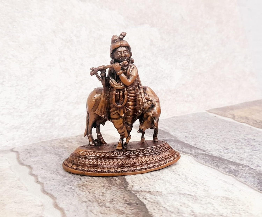 Brownish-Orange Copper Idols India, 2.4 Inches, Handmade Krishna With Cow Idol, 107G, Patina Antique Finish, Pack Of 1 Piece