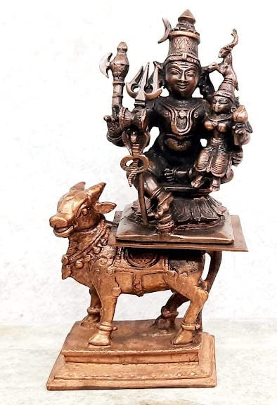 Brownish-Orange Copper Idols Indiaby 3. Inches, Handmade Standing Shiva Parvathi Idol With Nandi Vahana 602 Gram, Combo Idol, Patina Antique Finish, Pack Of 2 Piece