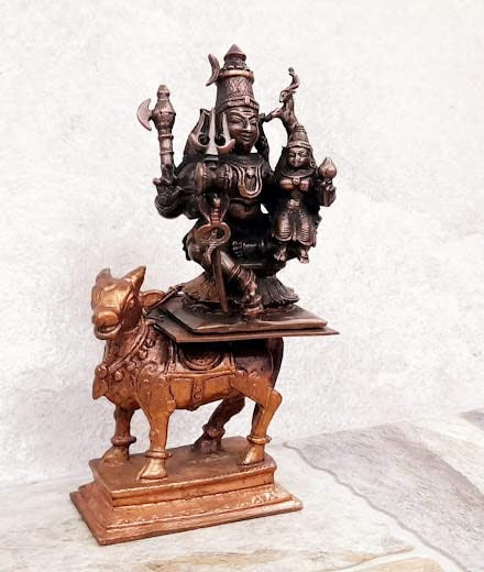 Brownish-Orange Copper Idols Indiaby 3. Inches, Handmade Standing Shiva Parvathi Idol With Nandi Vahana 602 Gram, Combo Idol, Patina Antique Finish, Pack Of 2 Piece