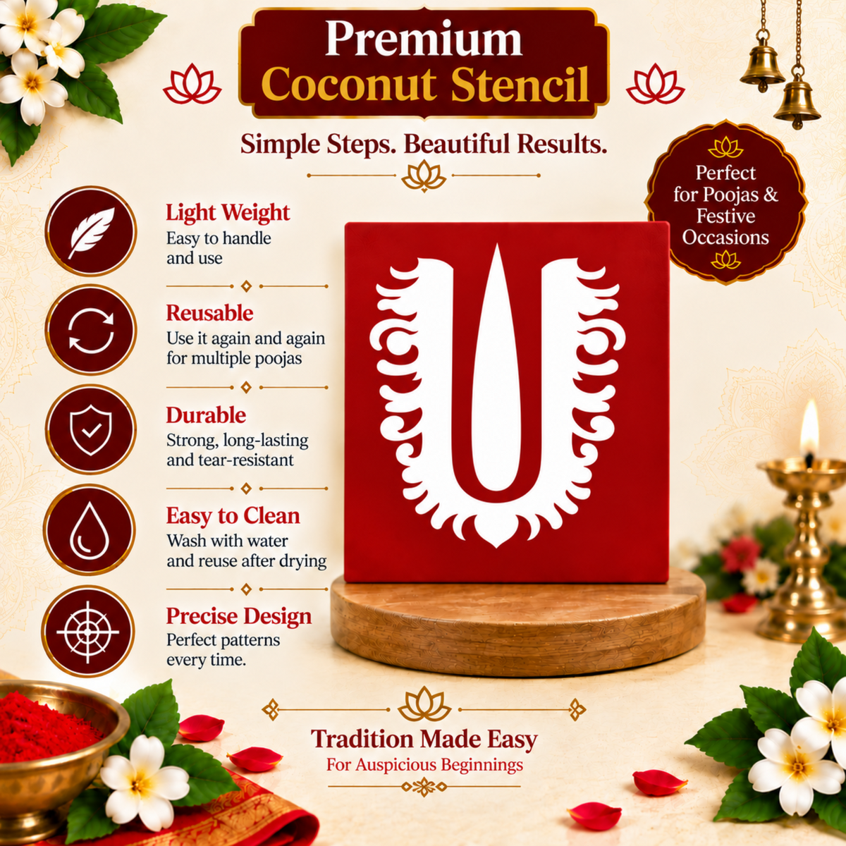 Sacred Vaishnava Tilak Coconut Decoration Stencil - Unikraf