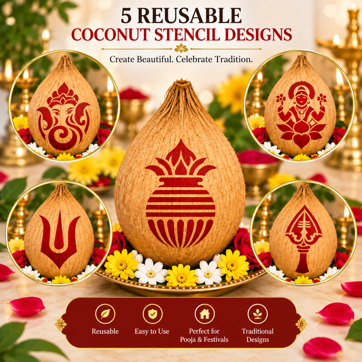 Combo 2 |Sacred Lakshmi , Ganesh Combo Set _ Coconut Decoration Stencil Design _ Pack of 5 _Unikraf