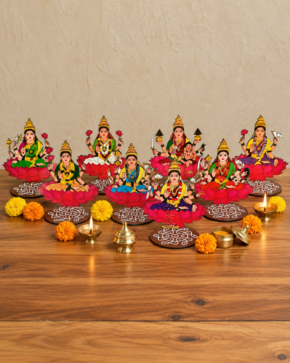 Ashta Lakshmi Set for Varalakshmi Pooja – 4 Inch MDF Set of 8 | Pooja, Vratham & Bommala Koluvu Decor