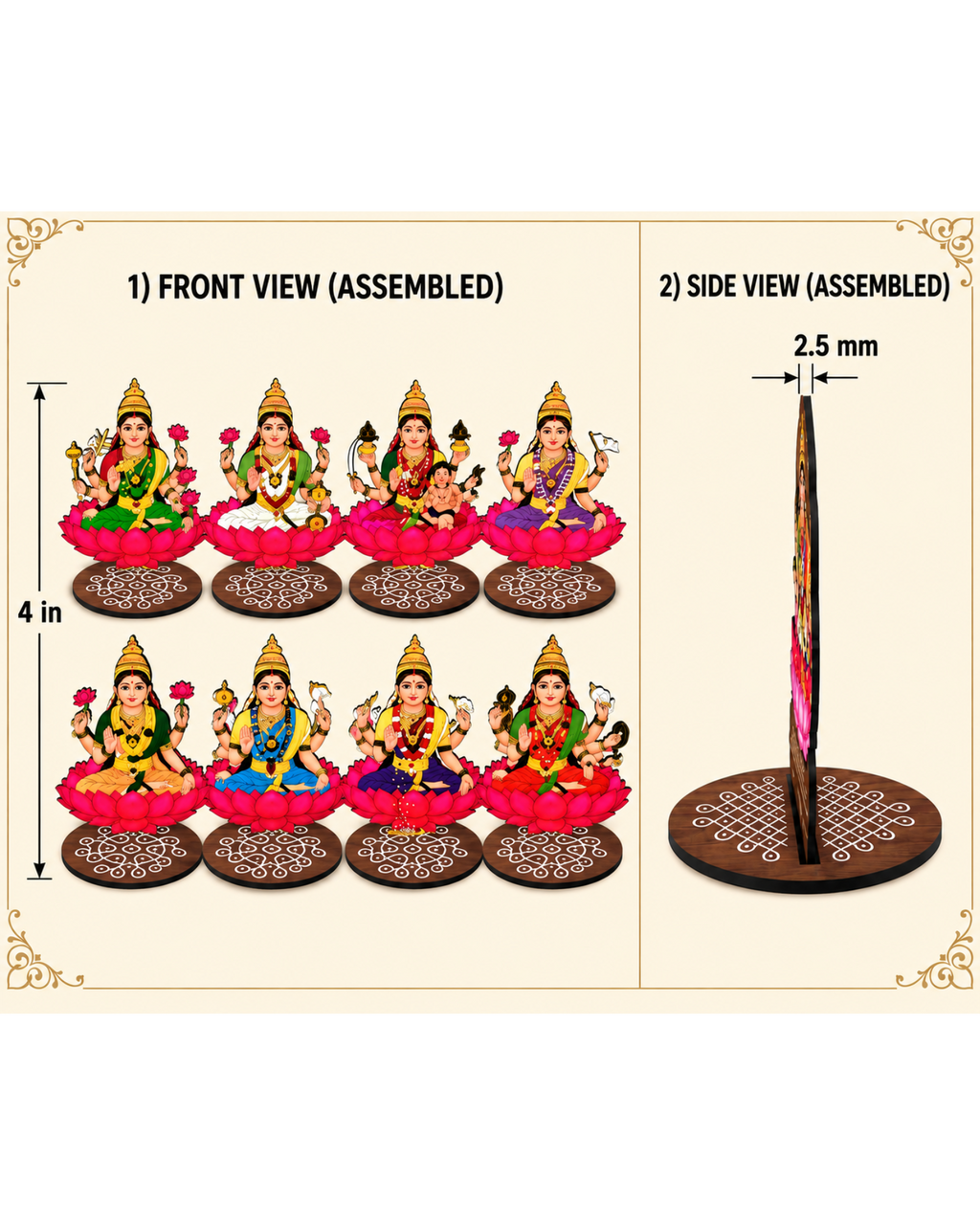 Ashta Lakshmi Set for Varalakshmi Pooja – 4 Inch MDF Set of 8 | Pooja, Vratham & Bommala Koluvu Decor