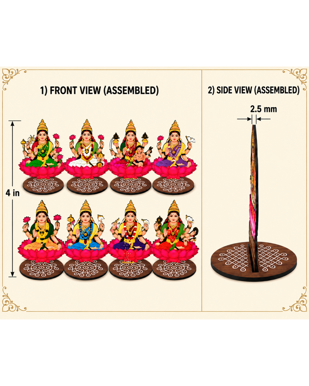 Ashta Lakshmi Set for Varalakshmi Pooja – 4 Inch MDF Set of 8 | Pooja, Vratham & Bommala Koluvu Decor