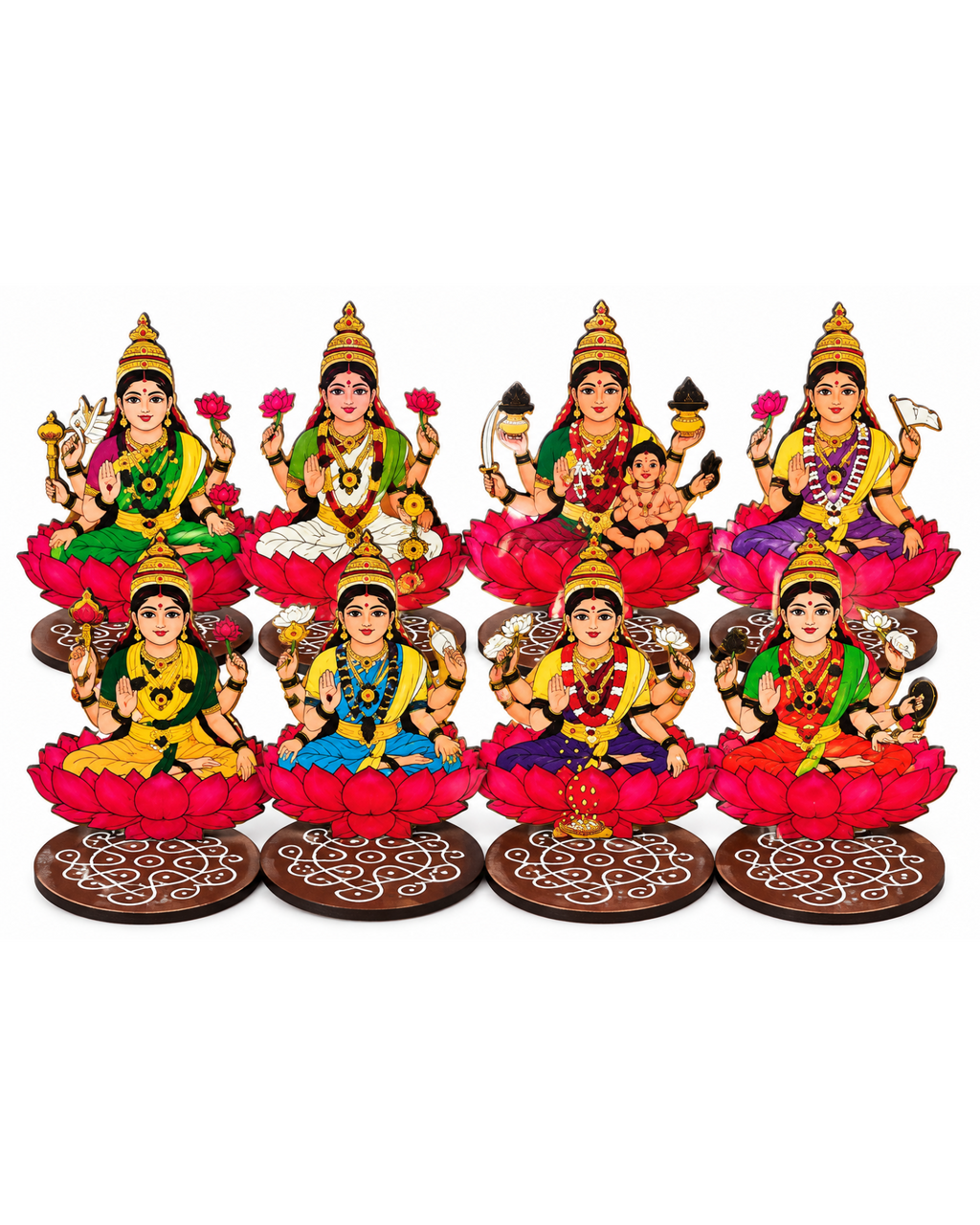 Ashta Lakshmi Set for Varalakshmi Pooja – 4 Inch MDF Set of 8 | Pooja, Vratham & Bommala Koluvu Decor