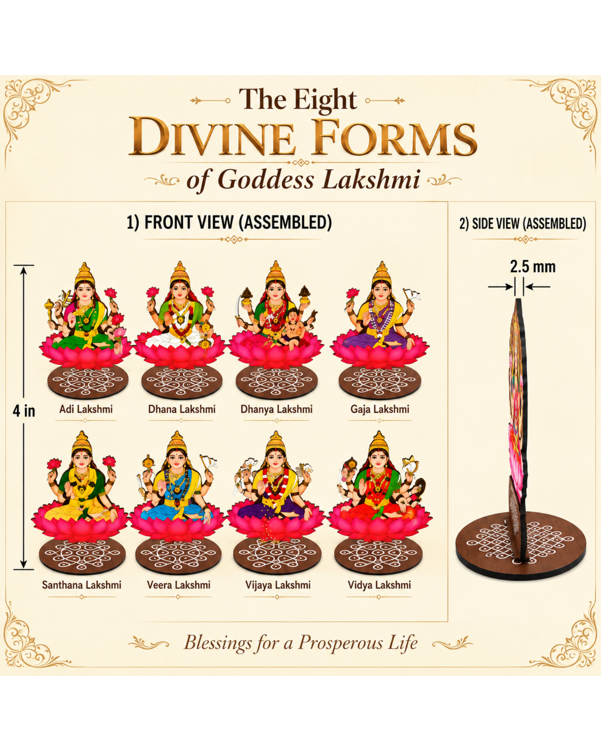 Ashta Lakshmi Set for Varalakshmi Pooja – 4 Inch MDF Set of 8 | Pooja, Vratham & Bommala Koluvu Decor
