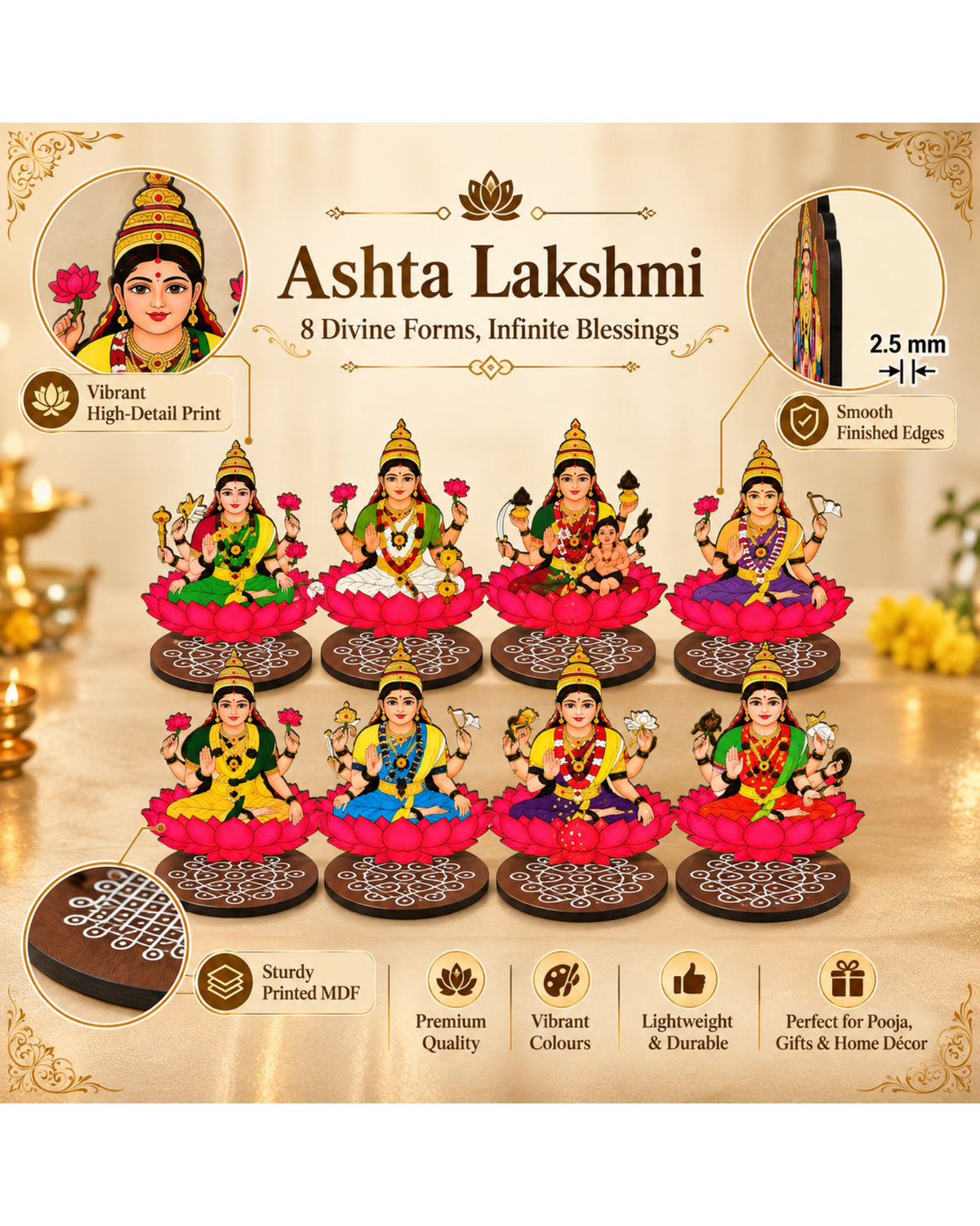 Ashta Lakshmi Set for Varalakshmi Pooja – 4 Inch MDF Set of 8 | Pooja, Vratham & Bommala Koluvu Decor