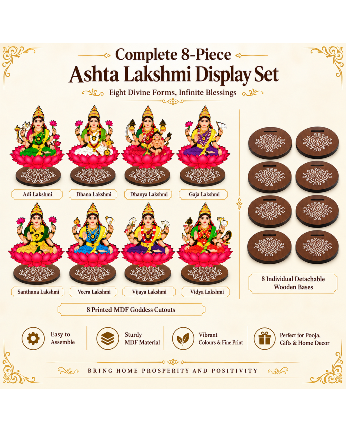 Ashta Lakshmi Set for Varalakshmi Pooja – 4 Inch MDF Set of 8 | Pooja, Vratham & Bommala Koluvu Decor