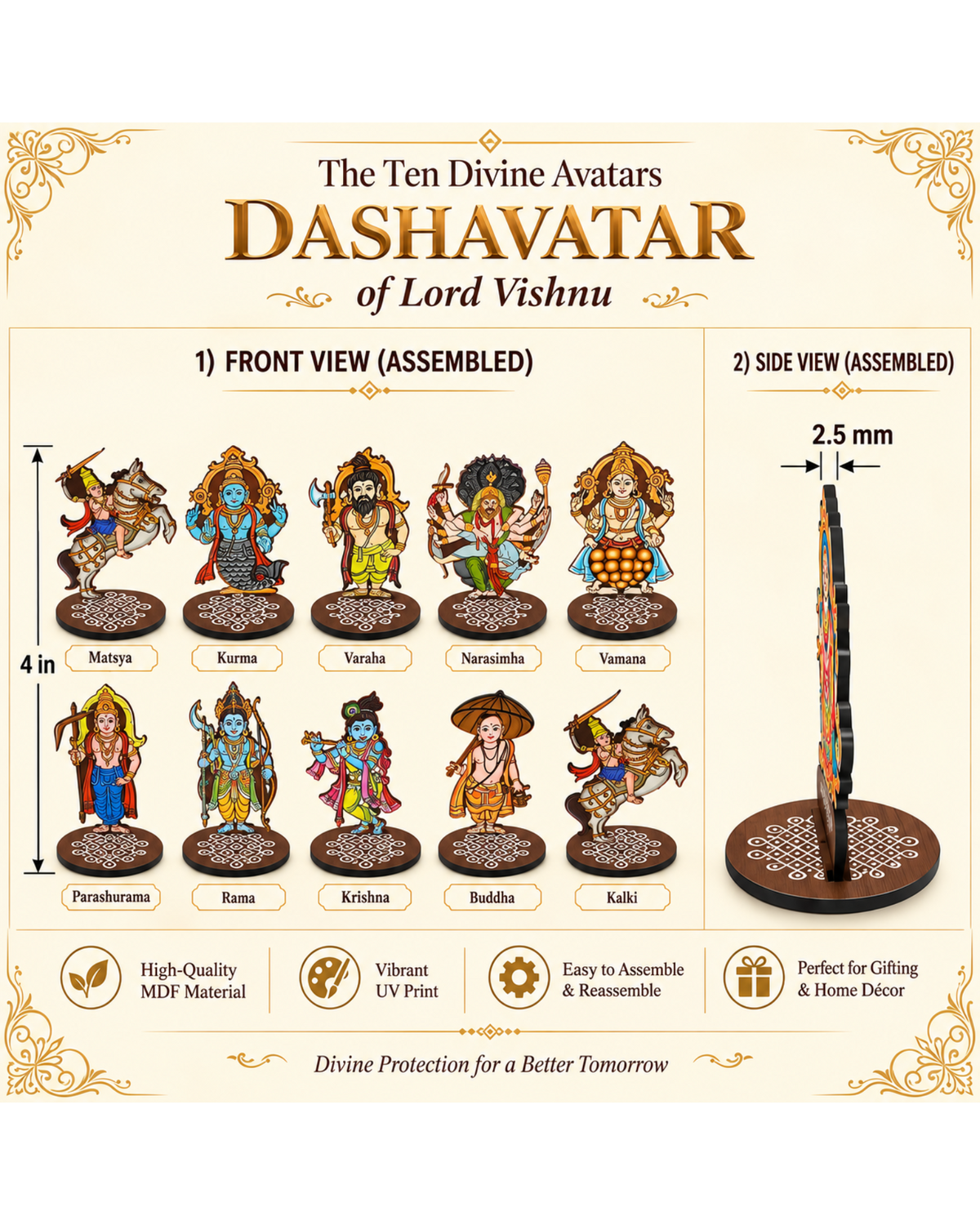 Dashavatar Set of 10 – MDF Lord Vishnu Dasavatara for Pooja, Home Décor & Gifting