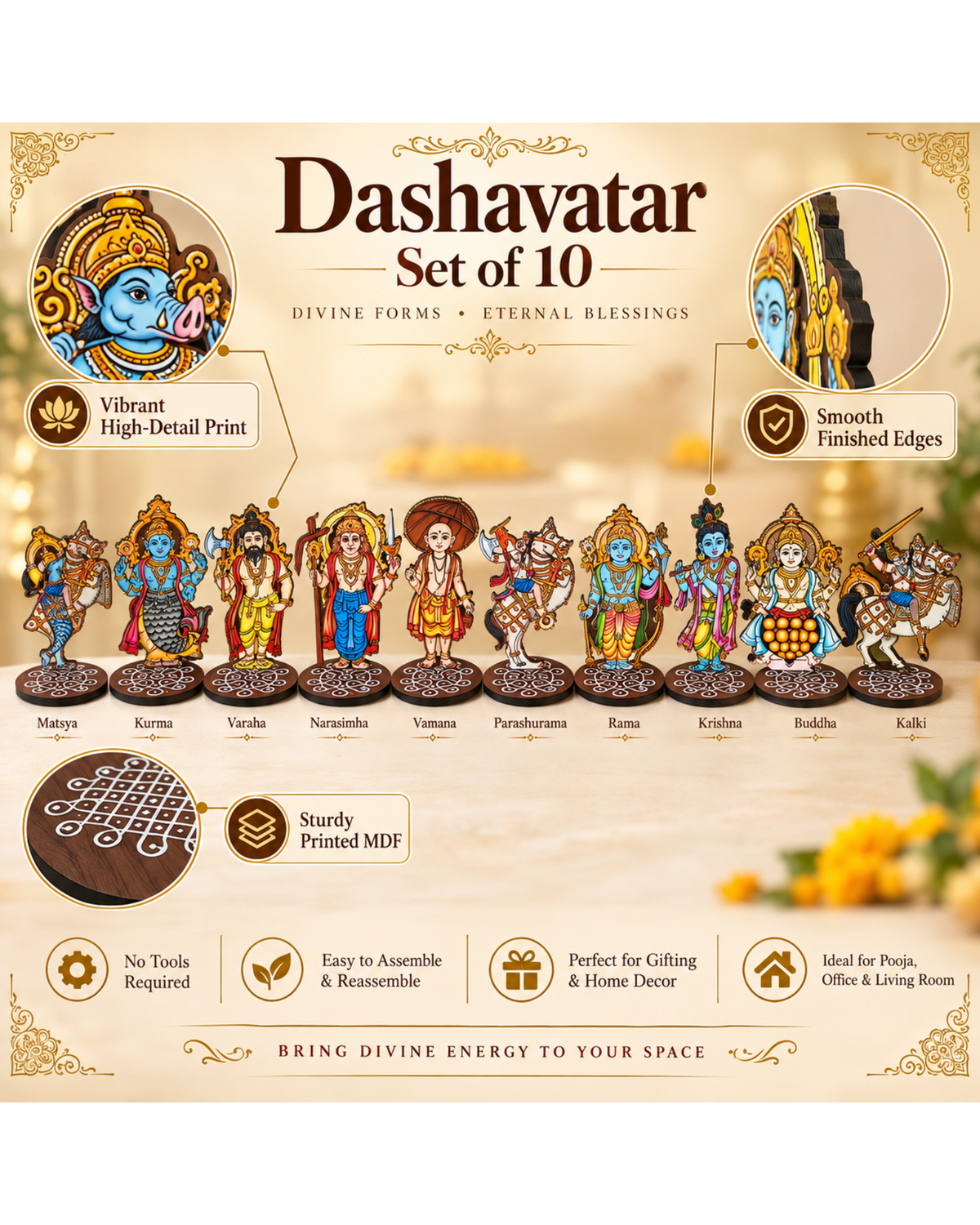 Dashavatar Set of 10 – MDF Lord Vishnu Dasavatara for Pooja, Home Décor & Gifting