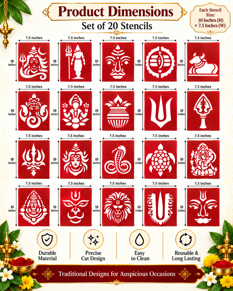 Combo P_20 | Traditional Pooja Coconut Decoration Stencil Set | Reusable Velvet Stencils for Festivals & Religious Ceremonies | Assorted Divine Designs | Pack of 20
