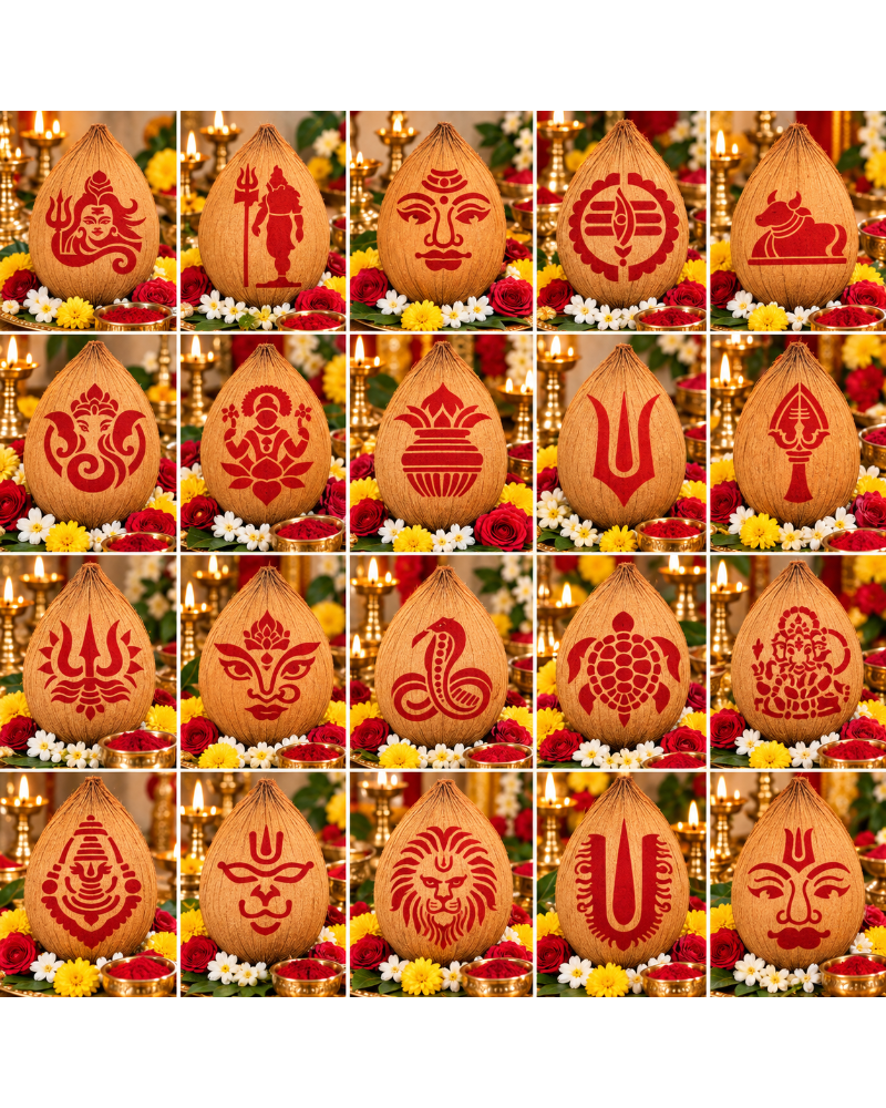 Combo P_20 | Traditional Pooja Coconut Decoration Stencil Set | Reusable Velvet Stencils for Festivals & Religious Ceremonies | Assorted Divine Designs | Pack of 20