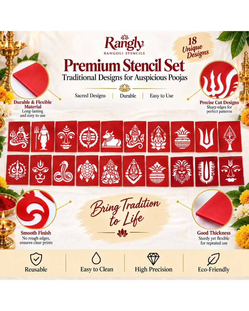 Combo P_20 | Traditional Pooja Coconut Decoration Stencil Set | Reusable Velvet Stencils for Festivals & Religious Ceremonies | Assorted Divine Designs | Pack of 20