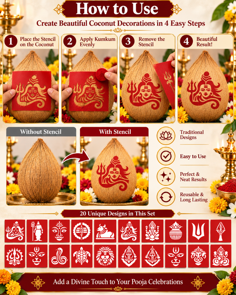 Combo P_20 | Traditional Pooja Coconut Decoration Stencil Set | Reusable Velvet Stencils for Festivals & Religious Ceremonies | Assorted Divine Designs | Pack of 20